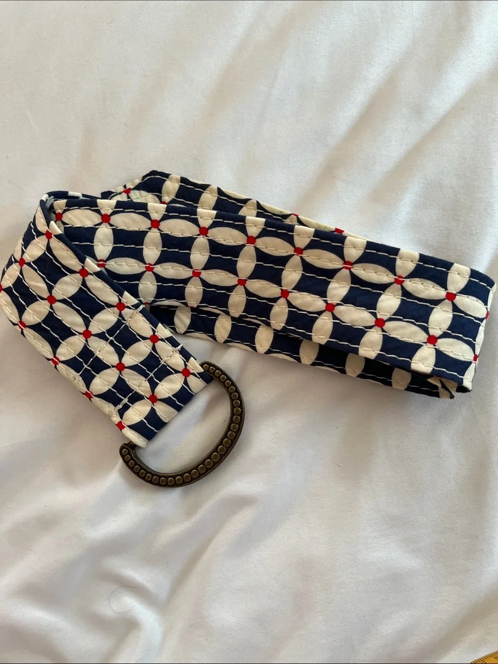 J Crew Y2K flower print belt cotton blue white  double D brass buckle S/M 2008